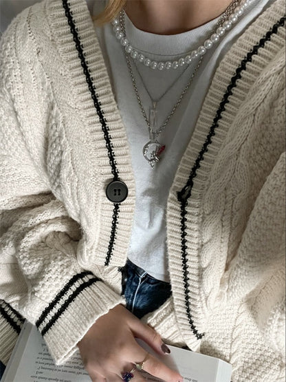 Oversize Star Embroidered Cable Knit Cardigan