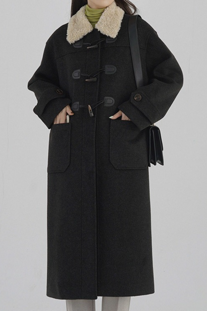 Vintage Horn Button Shearling Collar Red Overcoat