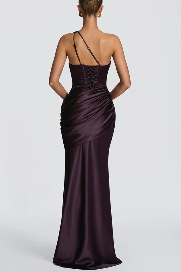 Emina Satin One Shoulder Asymmetrical Neck Cutout Back Lace-up Drape Maxi Dress