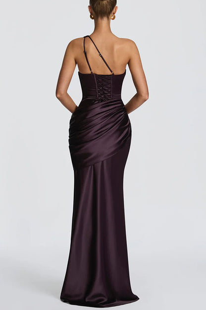 Emina Satin One Shoulder Asymmetrical Neck Cutout Back Lace-up Drape Maxi Dress
