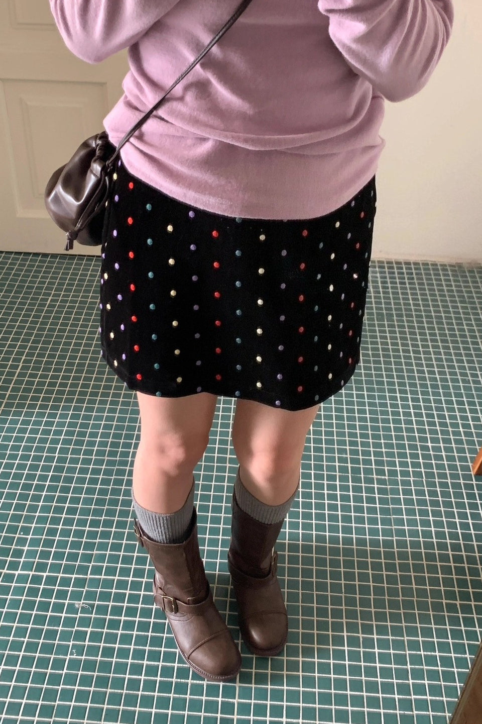 Y2K Polka Dot Embroidered Velvet A-Line Skirt