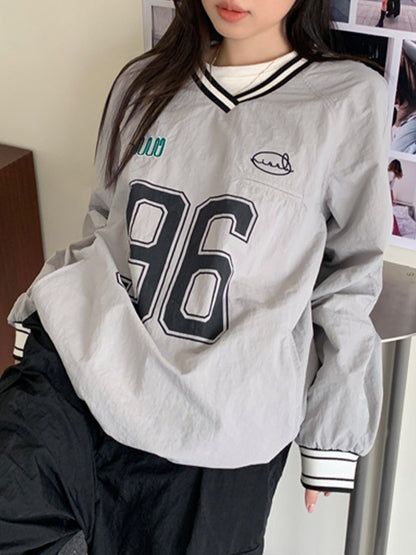 Number Print V Neck Thin Sweatshirt