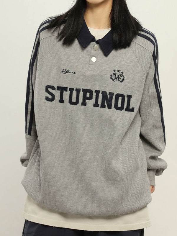 Letter Embroidered Piping Lapel Neck Sweatshirt