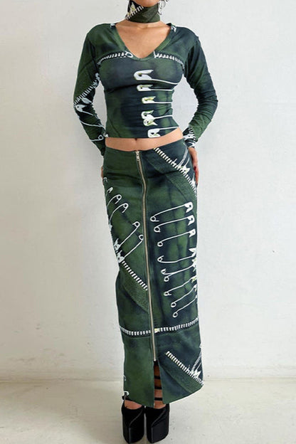 Vintage Metal Lock Print Long Sleeve Top Bodycon Skirt Two Pieces Set