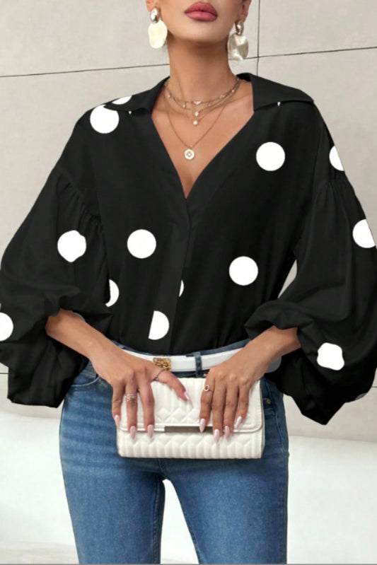 Stylish Polka Dot Print Collared Puff Sleeve Loose Shirt