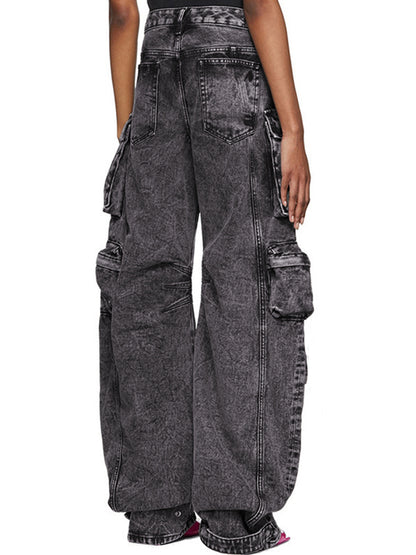 Washed Distressed Gray Multi Pocket Splice Cargo Jeans