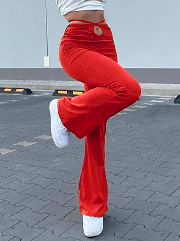 Solid Cutout Tie Back Flare Leg Pants