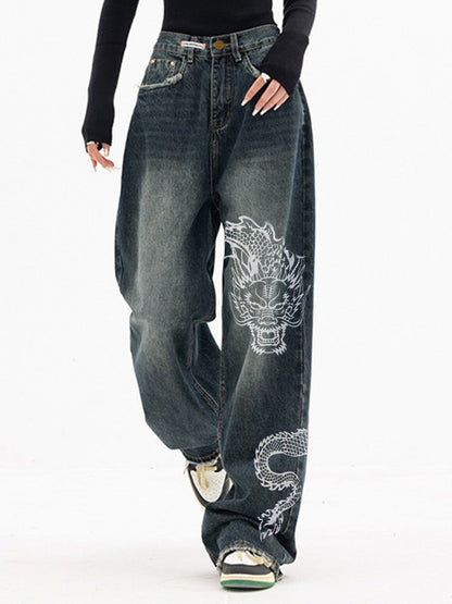 Vintage Dragon Print Boyfriend Jeans