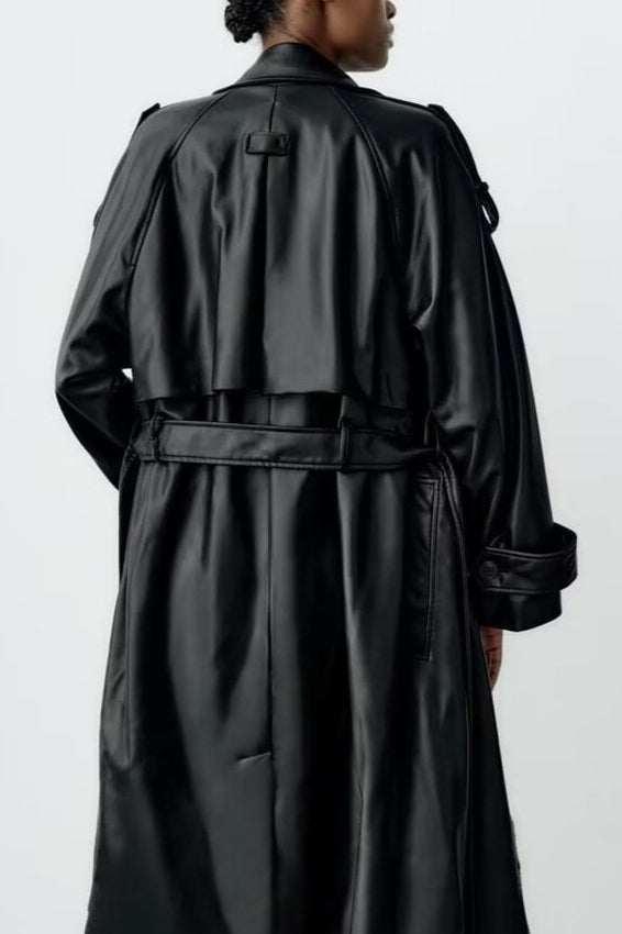 Belted Faux Leather Oversized Long Trench Coat