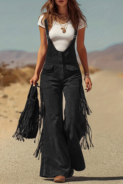 Stylish Suede Tassel Button Pocket Casual Wide-leg Overalls