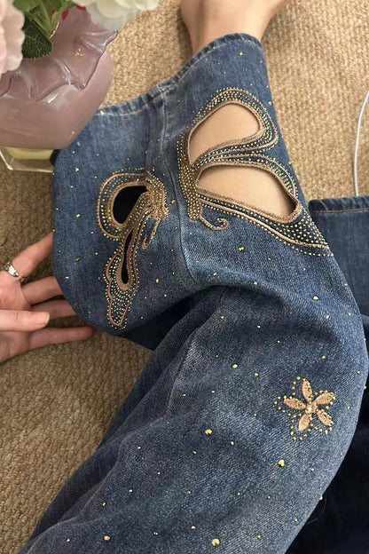 Heavy Embroidery Rhinestone Cutout High Waist Jeans