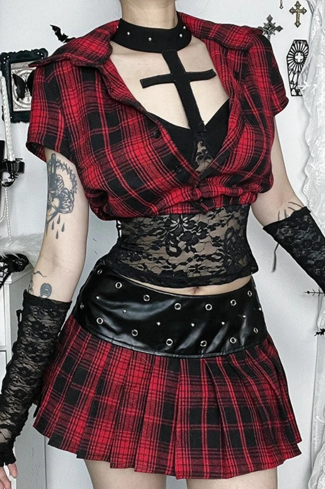 Harajuku Grunge Red Plaid Short Sleeve Crop T-shirt