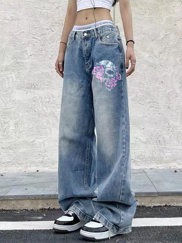 Skull Rose Print Vintage Blue Wide Leg Boyfriend Jeans