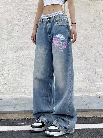 Skull Rose Print Vintage Blue Wide Leg Boyfriend Jeans