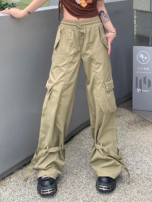 Vintage Big Pocket Drawstring Buckle Design Cargo Pants