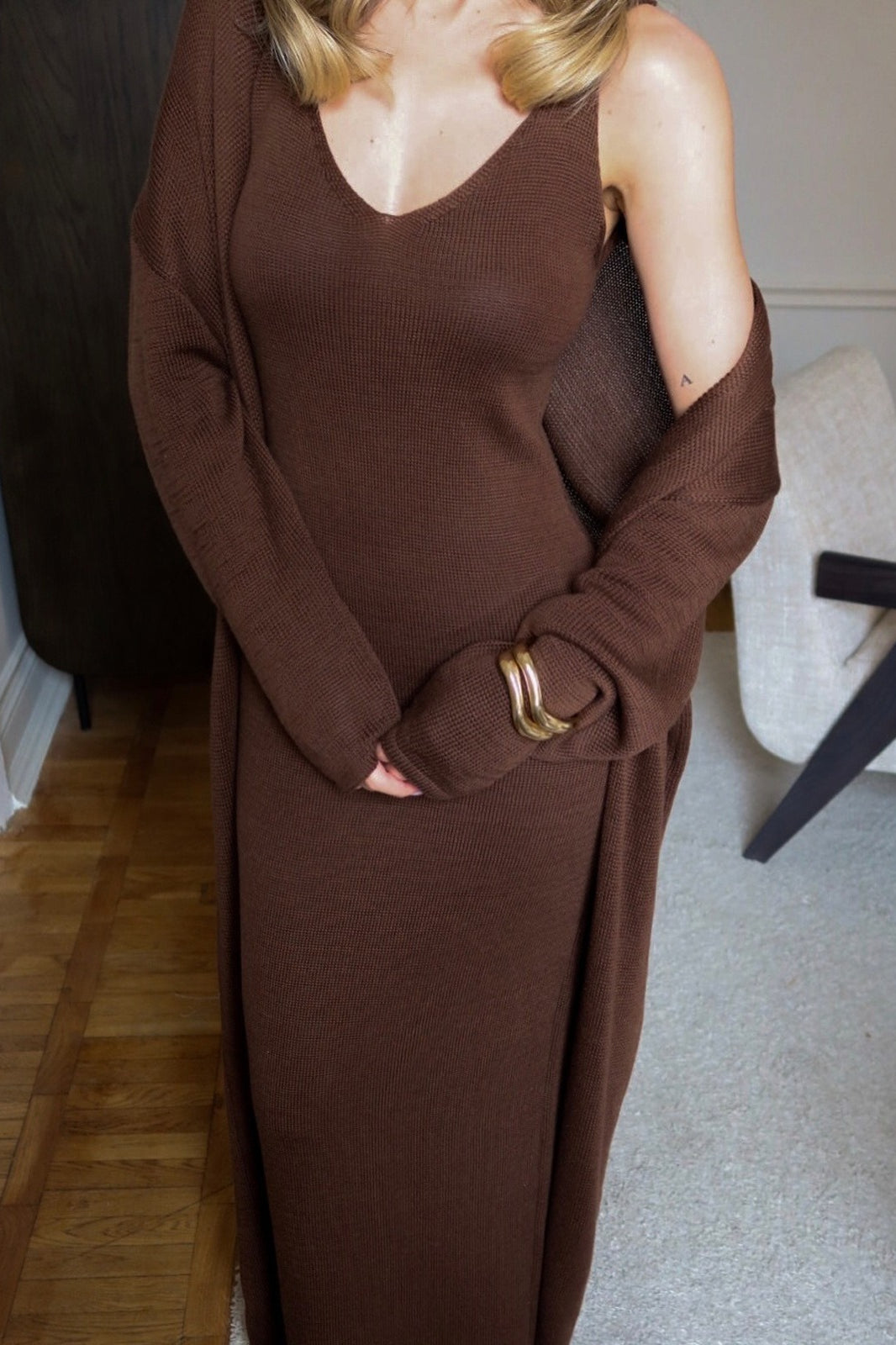 Solid V Neck Cotton Knit Bodycon Two Piece Set
