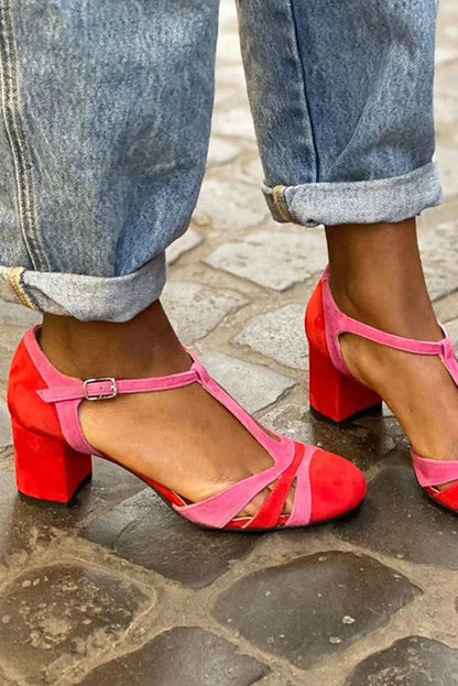 Color-blocked Faux Suede Chunky Heel Sandals