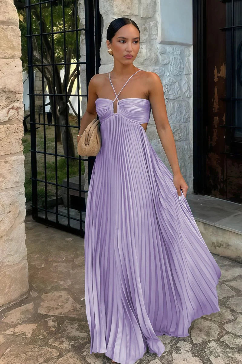 Sky Blue Halter Pleated Satin A Line Prom Dresses With Cutout