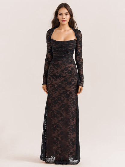 Trumpet Dress Lace-up Cutout Floral Embroidery Long Sleeves Prom Dresses