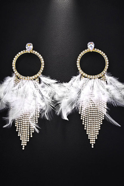 Rhinestone and Feather Tassel Earrings