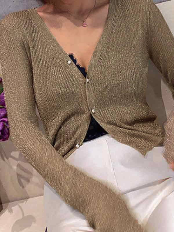 Glitter Ribbed Pearl Button Long Sleeve Knit