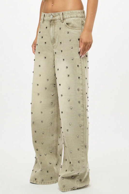 Edgy Retro Metal Bead Full-Diamond Low-Rise Straight Jeans