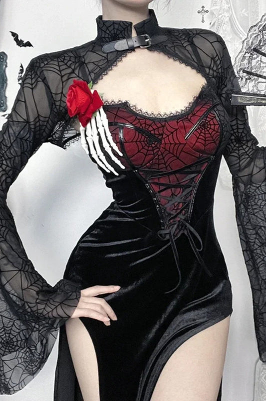 Gothic Dark Halloween Spiderweb Bandage Corset Maxi Dress