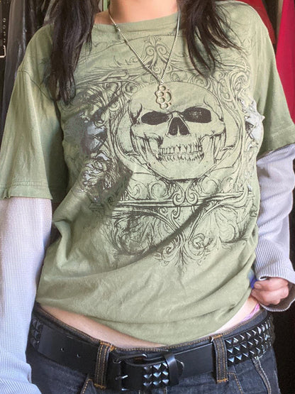 Skull Print 2 In 1 Oversized Long Sleeve Tee