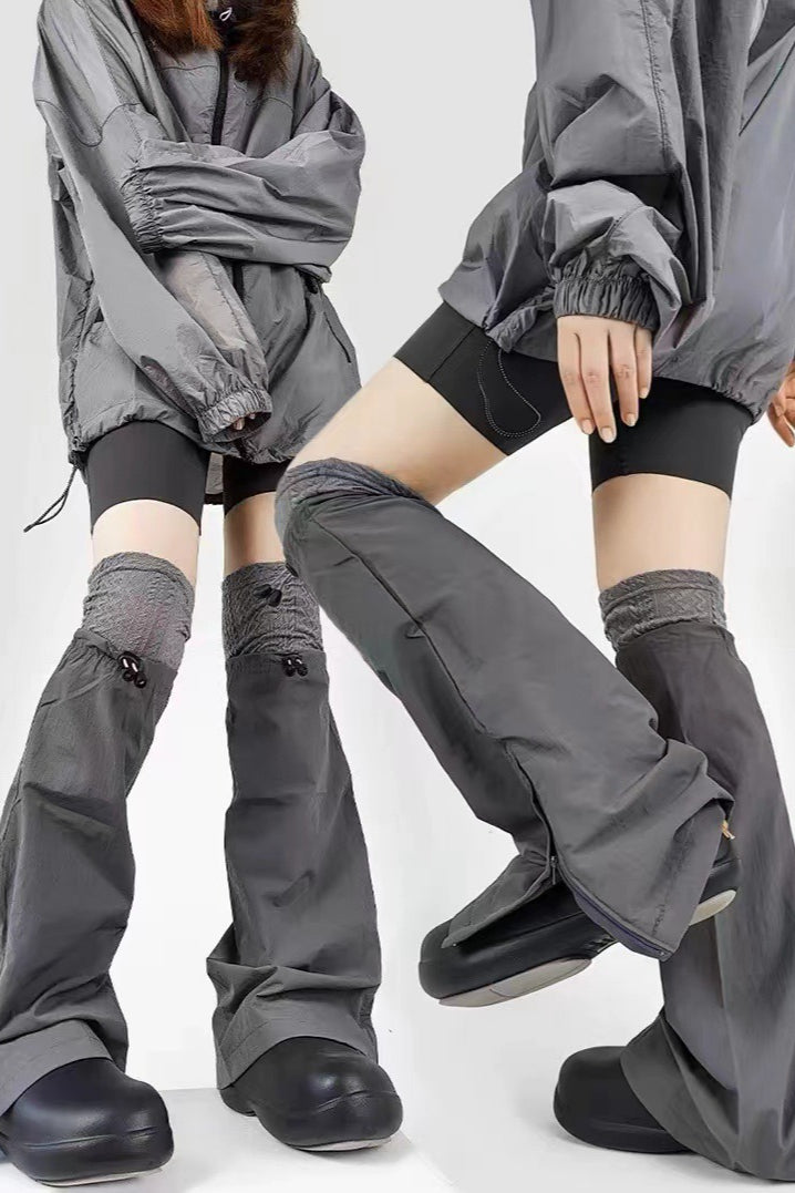 Grey Knit Patchwork Drawstring Leg Socks
