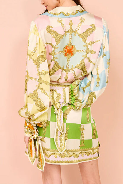 Long Sleeves Button Up Tie Waist Unique Print Wrap Mini Dress