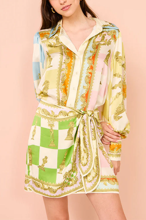 Long Sleeves Button Up Tie Waist Unique Print Wrap Mini Dress