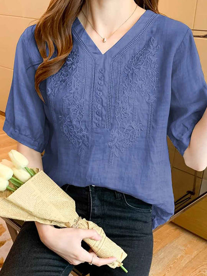 Layla Retro V-Neck Embroidered Top