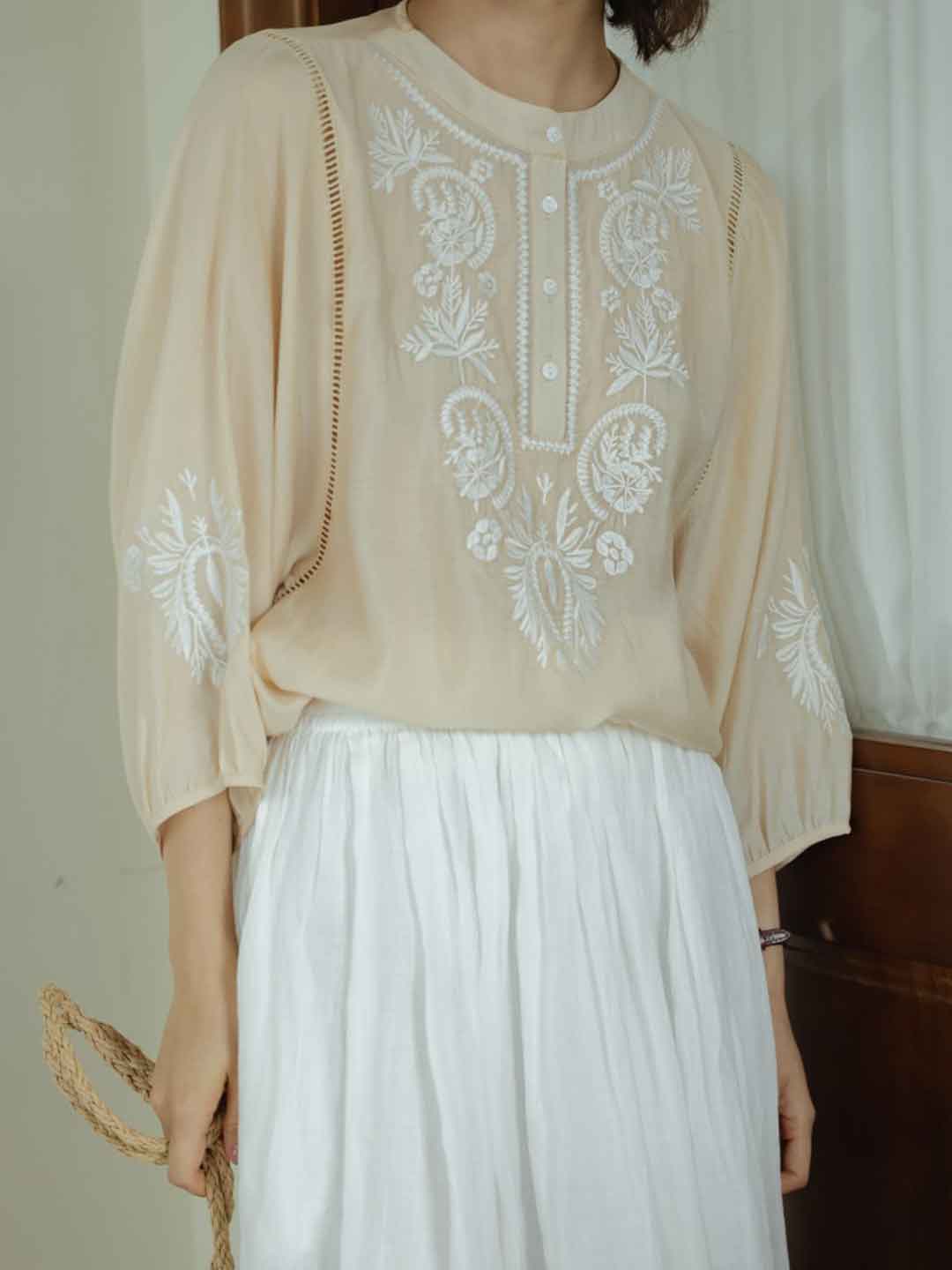 Kylie Vintage Crew Neck Embroidered Top