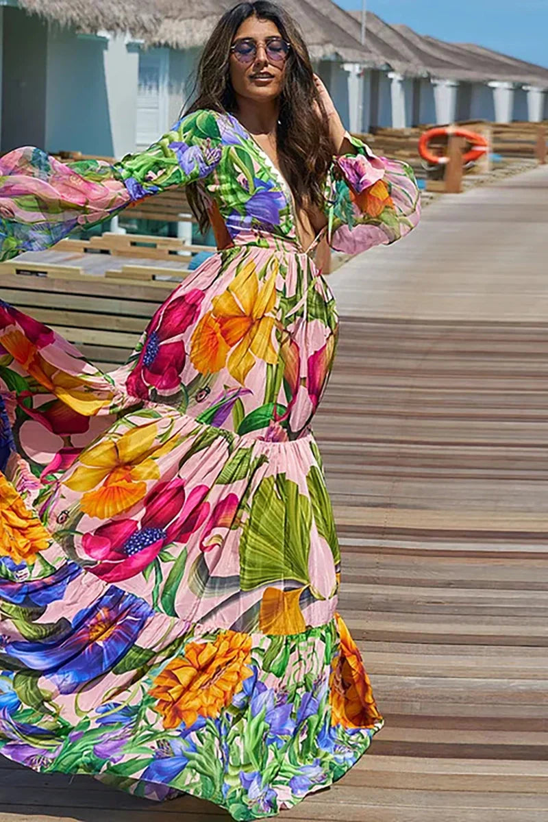 Conjunto de traje de baño estampado con mangas farol y escote en V profundo
