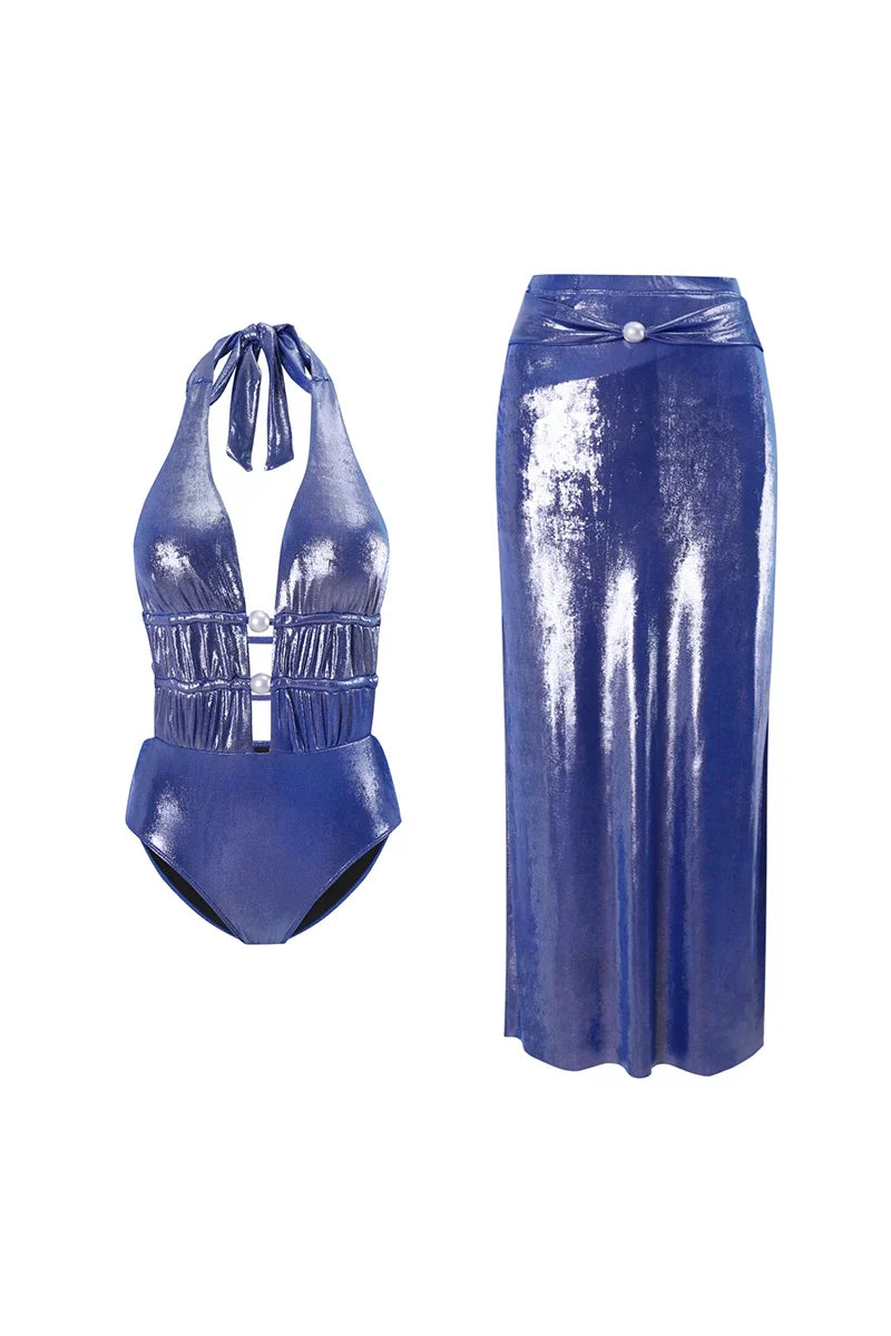 Traje de baño con cuello halter y escote en V profundo Glossy Mist Pearl