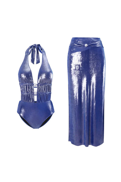 Traje de baño con cuello halter y escote en V profundo Glossy Mist Pearl