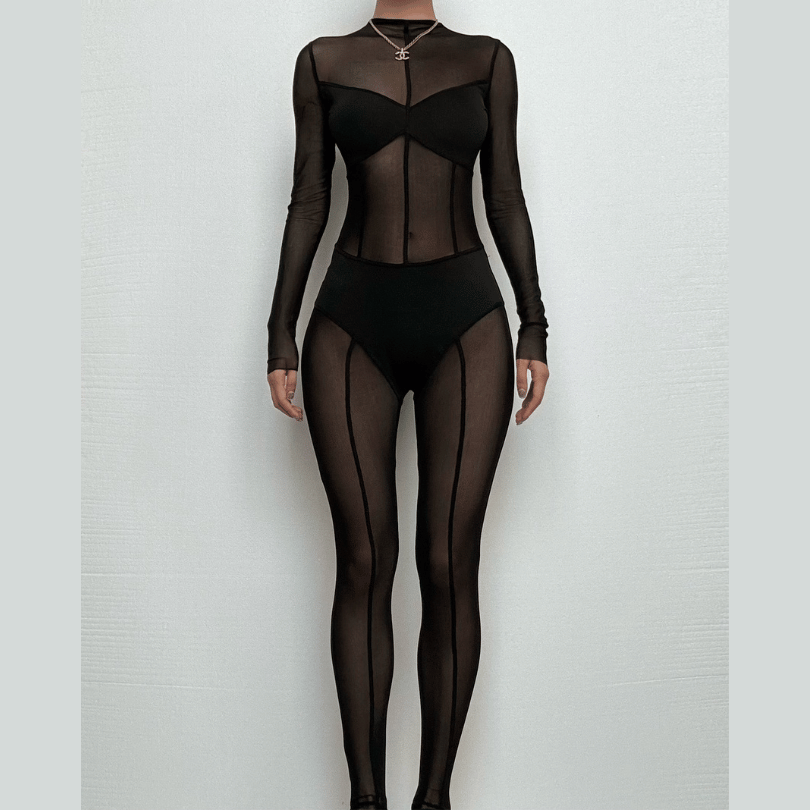Mesh patchwork zip-up solid long sleeve jumpsuit  | Festival Outfits Women