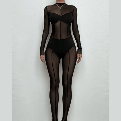 Mesh patchwork zip-up solid long sleeve jumpsuit  | Festival Outfits Women