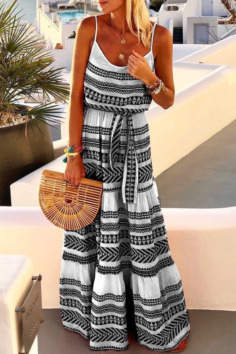 Geometric Printed Loose Ankle Maxi Dress(4 Colors)