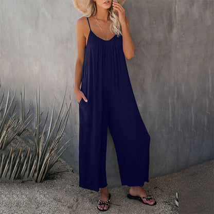 Women's Stretchy V-Neck Sleeveless Summer Jumpsuit with Pockets and Wide Legs | Ideal for Summer