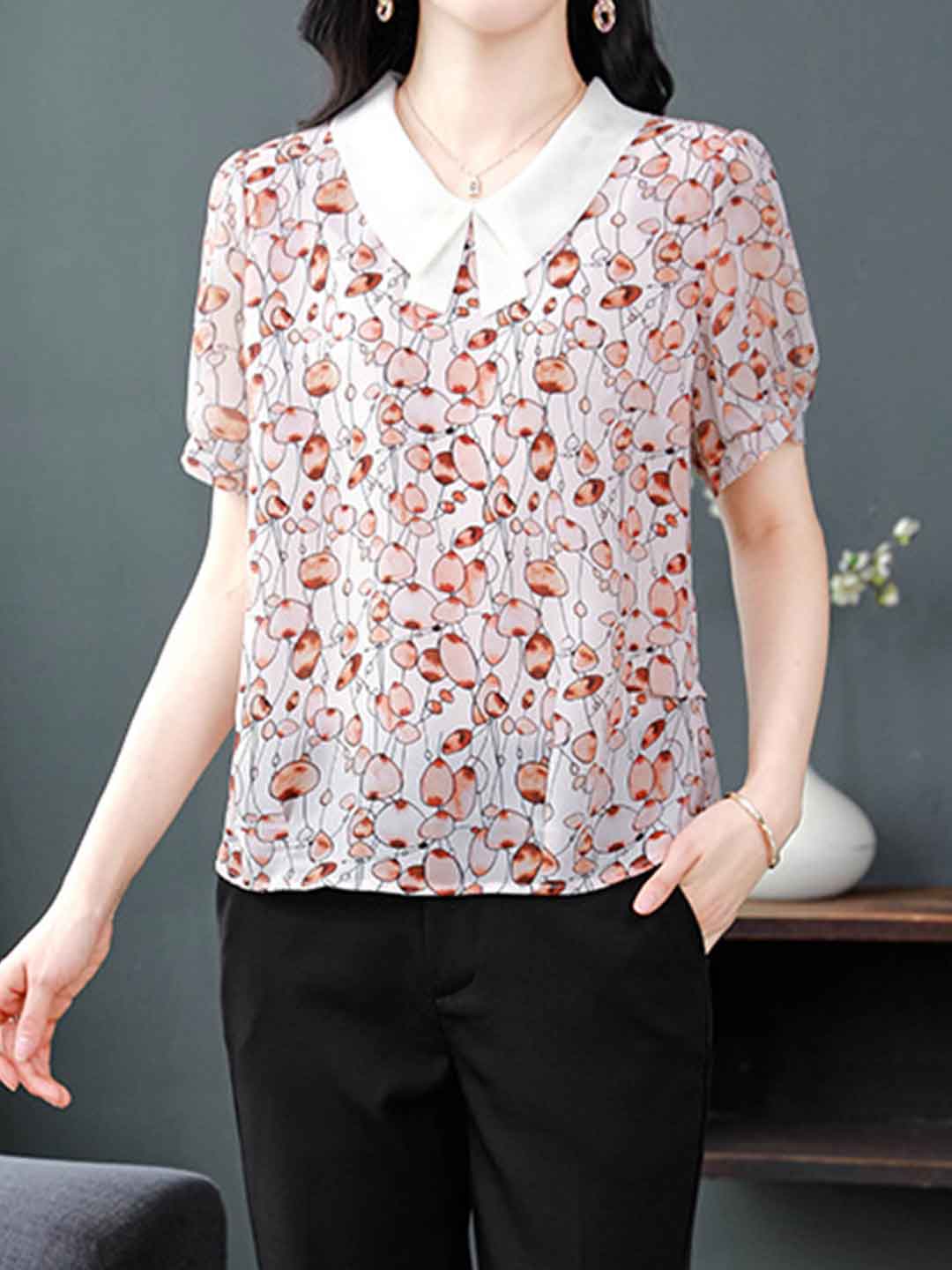 Mariah Classic Lapel Floral Printed Chiffon Top