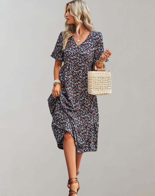 Vestido largo floral de manga media para mujer | Ideal para primavera/verano