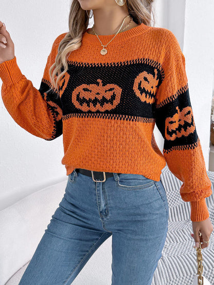 Suéter de punto con cuello redondo y bloques de color con cabeza de calabaza de Halloween 