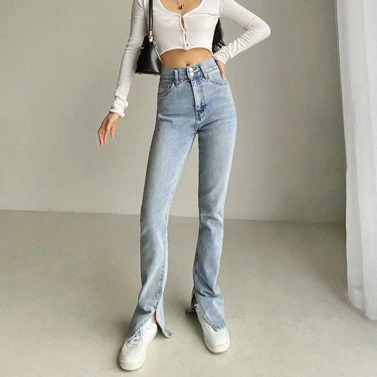 Retro High Waist Splitted Leg Flare Jeans