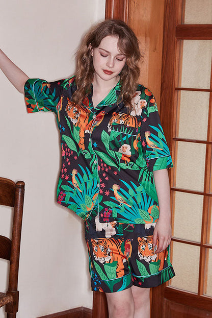 Conjunto de ropa de estar por casa de manga corta con estampado de tigre y mono