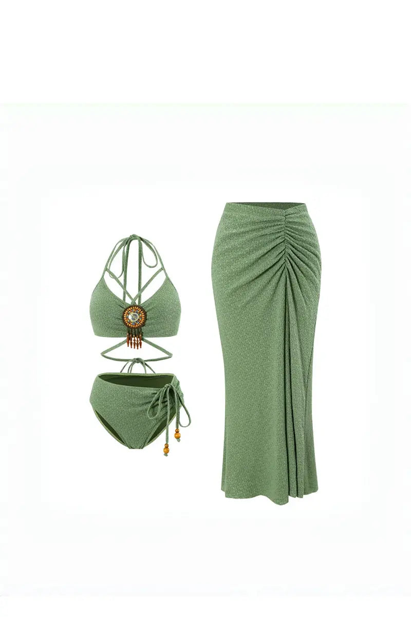 Conjunto de bikini bohemio verde salvia para mujer