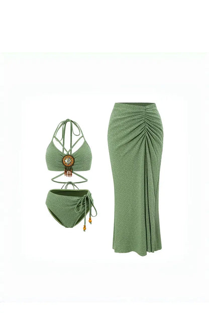 Conjunto de bikini bohemio verde salvia para mujer