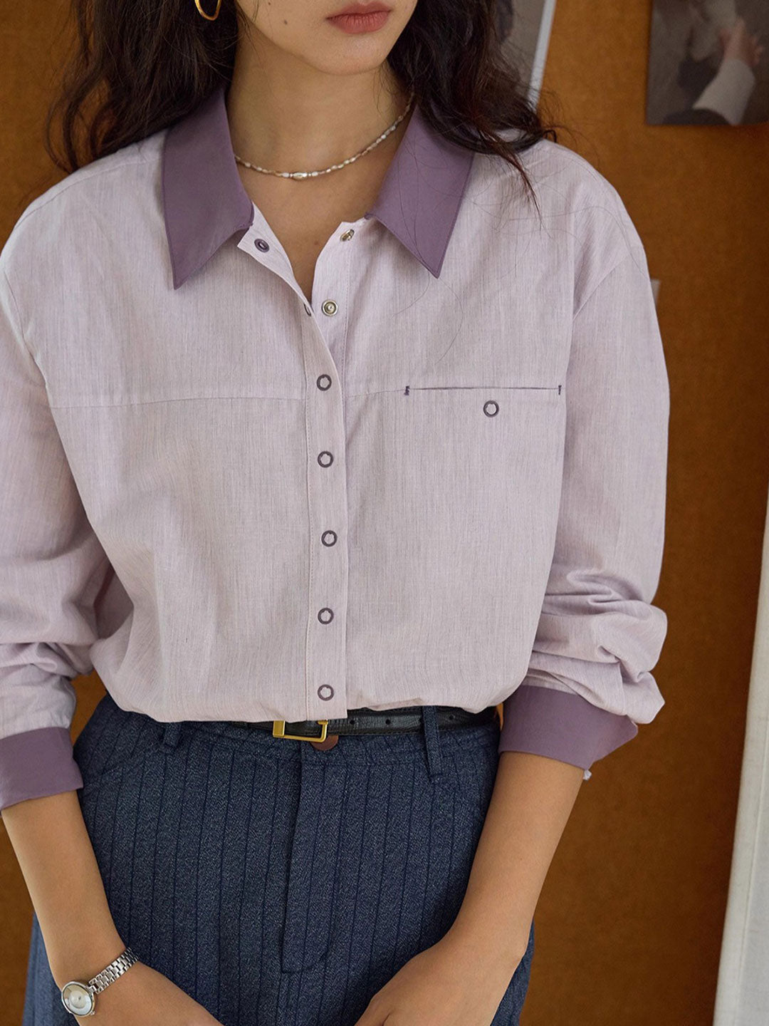 Layla Retro Lapel Contrasted Color Shirt