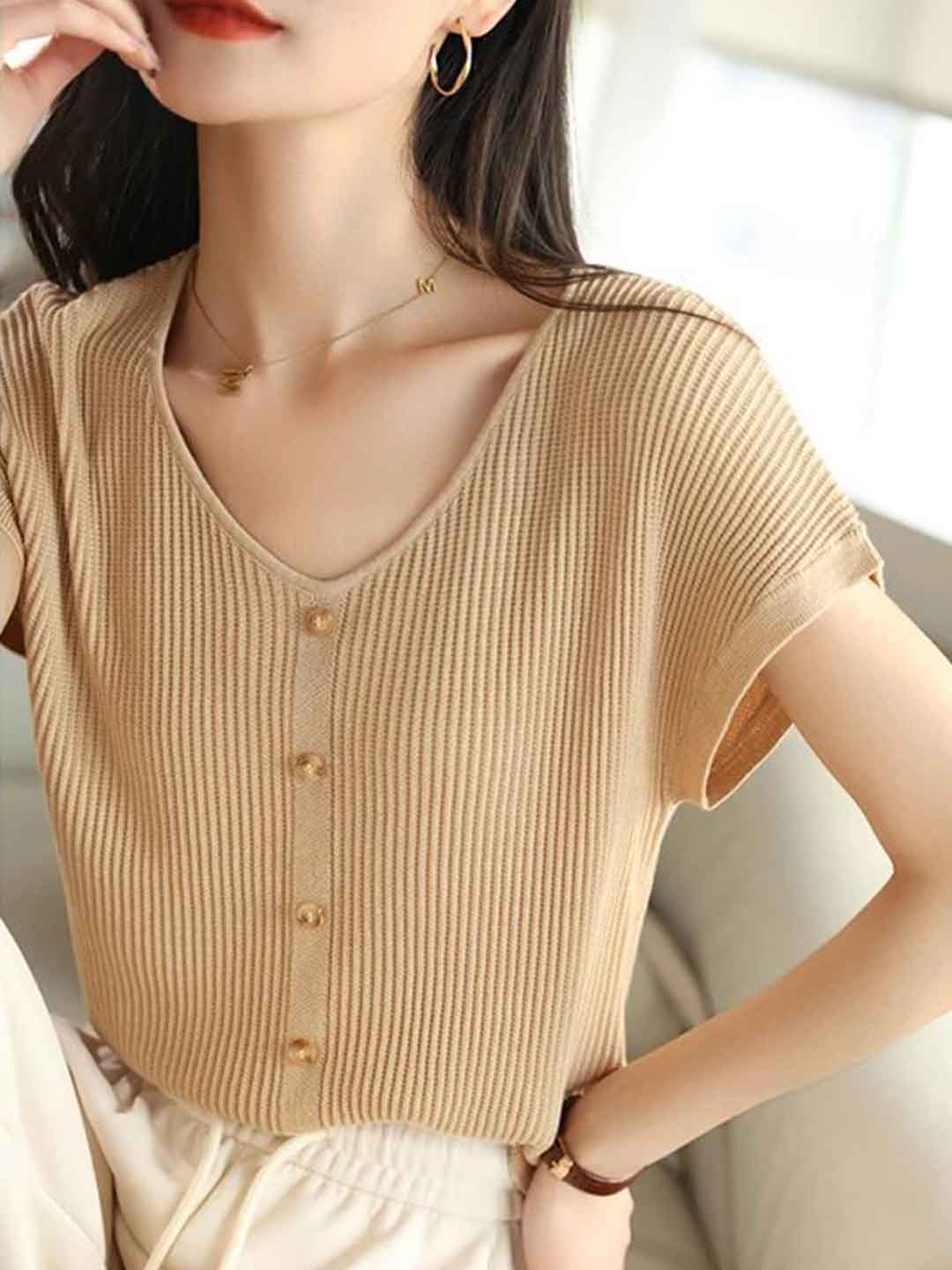 Kaylee Loose V-Neck Buttons Knitted Top