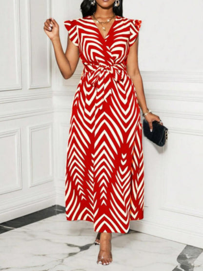 Stripes V-neck Belts Maxi Dresses